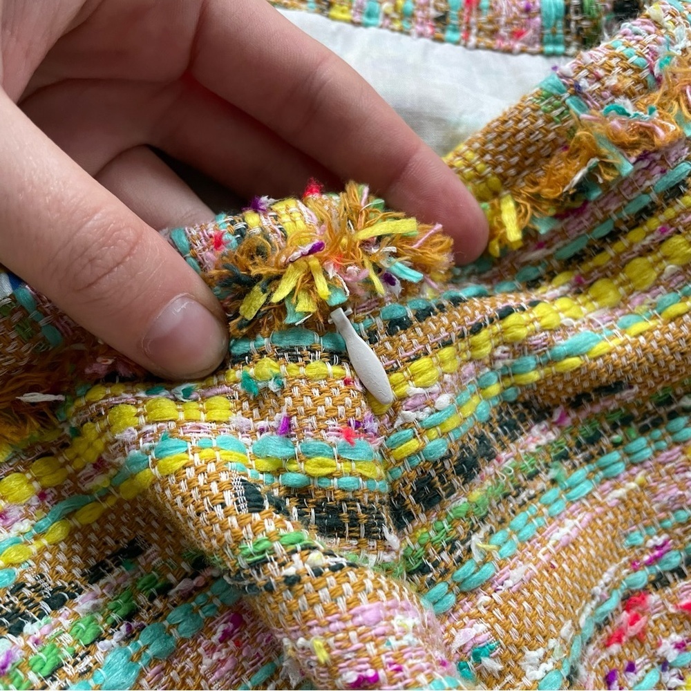 NWT LE SUPERBE Beach Tweed Mini Skirt Fringe Trim Yellow Colorful Office Size 4 - Picture 6 of 11